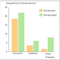 ### Energy Input and Output per Hectare for Different Crops

This bar graph illustrates the energy input and output measured in kilocalories (kcal x 10^6) per hectare for three different crop types: corn grain, soybeans, and grass.

#### Key Features:

- **Corn Grain:**
  - Energy Input: Approximately 20 million kilocalories.
  - Energy Output: Approximately 25 million kilocalories.
  
- **Soybeans:**
  - Energy Input: Around 5 million kilocalories.
  - Energy Output: Roughly 15 million kilocalories.

- **Grass:**
  - Energy Input: About 1 million kilocalories.
  - Energy Output: Near 10 million kilocalories.

The graph uses two colors to distinguish between energy input (orange) and energy output (green) for each crop type. Corn grain has the highest energy use and output, whereas grass requires the least energy input but still produces a substantial energy output relative to the input. This visual comparison helps in understanding the efficiency and energy yield of different agricultural practices.