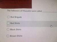 The followers of Mussolini were called
Red Brigade
Red Shirts
Black Shirts
Brown Shirts
