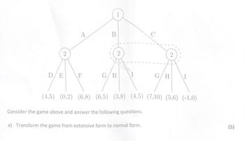 B
2
D/E F
G/H
(4,5) (0,2) (6,8) (6,5) (3,8) (4,5) (7,10) (5,6) (-1,0)
Consider the game above and answer the following questions.
a) Transform the game from extensive form to normal form.
(5)