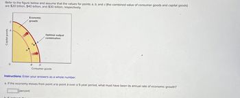 Capital goods.
Refer to the figure below and assume that the values for points a, b, and c (the combined value of consumer goods and capital goods)
are $20 billion, $40 billion, and $30 billion, respectively.
Economic
growth
B
D
Optimal output
combination
Consumer goods
Instructions: Enter your answers as a whole number.
a. If the economy moves from point a to point b over a 5-year period, what must have been its annual rate of economic growth?
percent
b If inste