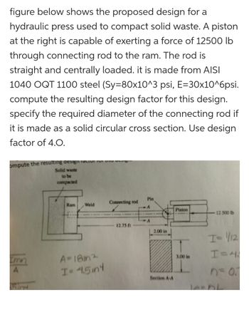 figure below shows the proposed design for a
hydraulic press used to compact solid waste. A piston
at the right is capable of exerting a force of 12500 lb
through connecting rod to the ram. The rod is
straight and centrally loaded. it is made from AISI
1040 OQT 1100 steel (Sy=80x10^3 psi, E=30x10^6psi.
compute the resulting design factor for this design.
specify the required diameter of the connecting rod if
it is made as a solid circular cross section. Use design
factor of 4.0.
ompute the resulting design factor 101
Solid waste
to be
compacted
Emn
A
Ram Weld
A-18m²
I= 4.5int
Connecting rod
12.75 ft
Pin
A
2.00 in
Section A-A
Piston
3.00 in
12 500 lb
I= //12
H=4
n=0.