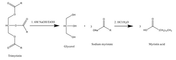 HC
·O·
R
R
Trimyristin
R
1. 6M NaOH/EtOH
HC
OH
OH
OH
Glycerol
+
3
ONa
R
Sodium myristate
2. HCI/H₂O
3
HO
(CH2)12CH3
Myristin acid