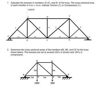 Answered: 1. Calculate the stresses in members… | bartleby