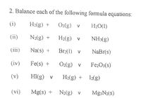 2. Balance each of the following formula equations:
(i)
H2(g) +
O2(g) v
H20(1)
(ii)
N2(g) +
H2(g) v
NH3(g)
(iii)
Na(s) +
Br2(1) v
NaBr(s)
(iv)
Fe(s) +
O2(g) v
Fe2O3(s)
(v)
HI(g) v
H2(g) +
I2(g)
(vi)
Mg(s) +
N2(g) v
Mg3N2(s)
