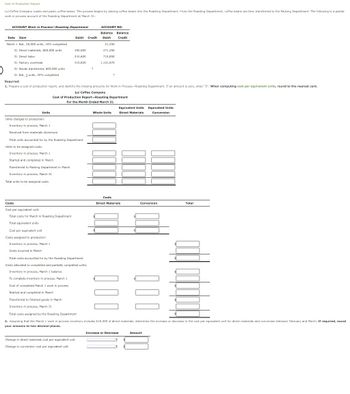 Cost of Production Report
Lui Coffee Company roasts and packs coffee beans. The process begins by placing coffee beans into the Roasting Department. From the Roasting Department, coffee beans are then transferred to the Packing Department. The following is a partial
work in process account of the Roasting Department at March 31:
ACCOUNT Work in Process-Roasting Department
Date Item
Debit Credit
ACCOUNT NO.
Balance
Debit
Balance
Credit
March 1 Bal., 25,000 units, 10% completed
21,250
31 Direct materials, 600,000 units
450,000
471,250
31 Direct labor
31 Factory overhead
244,600
415,820
715,850
1,131,670
31 Goods transferred, 605,000 units
31 Bal., 2 units, 45% completed
Required:
1. Prepare a cost of production report, and identify the missing amounts for Work in Process-Roasting Department. If an amount is zero, enter "0". When computing cost per equivalent units, round to the nearest cent.
Lui Coffee Company
Cost of Production Report-Roasting Department
Units
For the Month Ended March 31
Units charged to production:
Inventory in process, March 1
Received from materials storeroom
Total units accounted for by the Roasting Department
Units to be assigned costs:
Inventory in process, March 1
Started and completed in March
Transferred to Packing Department in March
Inventory in process, March 31
Total units to be assigned costs
Whole Units
Equivalent Units
Direct Materials
Equivalent Units
Conversion
Costs
Cost per equivalent unit:
Total costs for March in Roasting Department
Total equivalent units
Cost per equivalent unit
Costs assigned to production:
Inventory in process, March 1
Costs incurred in March
Total costs accounted for by the Roasting Department
Costs allocated to completed and partially completed units:
Inventory in process, March 1 balance
To complete inventory in process, March 1
Cost of completed March 1 work in process
Started and completed in March
Transferred to finished goods in March
Inventory in process, March 31
Total costs assigned by the Roasting Department
Costs
Direct Materials
Conversion
Total
2. Assuming that the March 1 work in process inventory includes $18,500 of direct materials, determine the increase or decrease in the cost per equivalent unit for direct materials and conversion between February and March. If required, round
your answers to two decimal places.
Change in direct materials cost per equivalent unit
Change in conversion cost per equivalent unit
Increase or Decrease
Amount