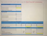 Prepare its process cost summary using the weighted-average method. (Round "Cost per EUP" to 2 decimal places.)
Costs Charged to Production
Total costs to account for
Total costs accounted for
*Difference due to rounding cost/unit
Unit Reconciliation
Units to account for
Total units to account for
Total units accounted for
Total units accounted for
Equivalent Units of Production (EUP)- Weighted Average Method
Units
% Materials
EUP- Materials
% Conversion
EUP- Conversion
Equivalent units of production
Cost per EUP
Materials
Conversion
Total costs
Costs
Costs
+ Equivalent units of production
EUP
EUP
Cost per equivalent unit of production
