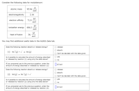 Consider the following data for molybdenum:
atomic mass
95.94
mol
electronegativity
2.16
kJ
71.9
mol
electron affinity
kJ
684.3
mol
jonization energy
kJ
36.
mol
heat of fusion
You may find additional useful data in the ALEKS Data tab.
Does the following reaction absorb or release energy?
release
absorb
(1) Mo (g) + e
Mo (g)
Can't be decided with the data given.
yes
Is it possible to calculate the amount of energy absorbed
or released by reaction (1) using only the data above?
no
If you answered yes to the previous question, enter the
amount of energy absorbed or released by reaction (1):
|kJ/mol
Does the following reaction absorb or release energy?
release
absorb
(2) Mo (g)
Mo (g) + e
Can't be decided with the data given.
yes
Is it possible to calculate the amount of energy absorbed
or released by reaction (2) using only the data above?
no
If you answered yes to the previous question, enter the
amount of energy absorbed or released by reaction (2):
|kJ/mol
