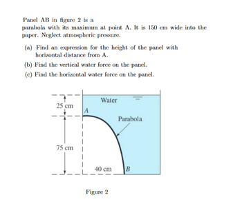 Panel AB in figure 2 is a
parabola with its maximum at point A. It is 150 cm wide into the
paper. Neglect atmospheric pressure.
(a) Find an expression for the height of the panel with
horizontal distance from A.
(b) Find the vertical water force on the panel.
(c) Find the horizontal water force on the panel.
25 cm
75 cm
A
Water
40 cm
Figure 2
Parabola
B