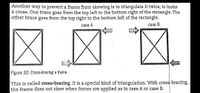 Another
way to
prevent a frame from skewing is to triangulate it twice, to make
a cross. One brace goes from the top left to the bottom right of the rectangle. The
other brace goes from the top right to the bottom left of the rectangle.
区区
case A
case B
Figure 32: Cross-bracing a frame
This is called cross-bracing. It is a special kind of triangulation. With cross-bracing,
the frame does not skew when forces are applied as in case A or case B.
