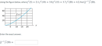 **Problem Statement:**

Using the figure below, where \( f'(5) = 2.1 \), \( f'(10) = 3.0 \), \( f'(15) = 3.7 \), and \( f'(20) = 4.2 \), find \( \left( f^{-1} \right)'(20) \).

**Graph Description:**

The graph displayed is of the function \( f(x) \). The \( x \)-axis ranges from 0 to 25, and the \( y \)-axis ranges from 0 to 80. The graph is a curve that appears to be increasing, indicating that \( f(x) \) is a monotonically increasing function. The curve starts slightly above 20 on the \( y \)-axis when \( x = 0 \) and rises steeply, continuing past \( 60 \) on the \( y \)-axis as \( x \) approaches 20.

**Additional Information:**

- The derivative values at select points are provided:
  - \( f'(5) = 2.1 \)
  - \( f'(10) = 3.0 \)
  - \( f'(15) = 3.7 \)
  - \( f'(20) = 4.2 \)

**Task:**

Enter the exact answer.

\[ \left( f^{-1} \right)'(20) = \] [Input box for the answer]