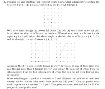 8. Consider the grid of letters that represent points below, which is formed by repeating the
bold 3 × 3 grid. (The points are labeled by the letters A through I.)
G
D
A
E
A
B
D E
G H I
F
B
C
F
G
HI G H I
A
D
G
A
G
A
We'll draw lines through the bottom left point (the bold A) and at least one other bold
letter, then see what set of letters the line hits. We've drawn two example lines for the
repeating 3 × 3 grid below. For the example on the left, the set of letters is {A, B, C},
and for the right, the set of letters is {A, F, H}.
D E
H I
B
E
H
D E
B
H
B
A B C A B
D E F D E F
F
C
F
I
C
F
G H I
€
D E
A B
I G H
G
D
G
A B
D
A
F
E
C
I
H I
H
F
C
I
E F
B C
G H I
D E F
A B C
G
D
H I
E F
A B C
Assuming the 3 × 3 grid repeats forever in every direction, do any of these lines ever
pass through more than 3 different letters? Can you get the same set of letters from two
different lines? Find the four different sets of letters that you can get from drawing lines
in this grid.
What would happen if you had a repeated 5 × 5 grid of letters (and still had to draw lines
through the bottom left point and at least one other bold point)? Can you predict what
would happen with a repeated 7 × 7 grid? Does your prediction also work for 6 × 6? Can
you justify your predictions?