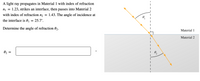 A light ray propagates in Material 1 with index of refraction
1.23, strikes an interface, then passes into Material 2
with index of refraction n2 = 1.43. The angle of incidence at
0,
the interface is 01 = 25.7°.
Determine the angle of refraction 02.
Material 1
Material 2
02
0,
II
