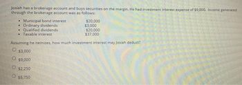 Josiah has a brokerage account and buys securities on the margin. He had investment interest expense of $9,000. Income generated
through the brokerage account was as follows:
$20,000
$3,000
$20,000
$37,000
• Municipal bond interest
• Ordinary dividends
• Qualified dividends
Taxable interest
Assuming he itemizes, how much investment interest may Josiah deduct?
$3,000
$9,000
O $2,250
$6,750