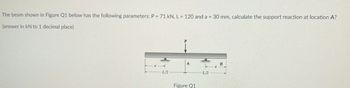 The beam shown in Figure Q1 below has the following parameters: P = 71 kN, L = 120 and a = 30 mm, calculate the support reaction at location A?
(answer in kN to 1 decimal place)
L/2
A
Figure Q1
L/2
B