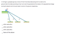 In the figure, a greased pig has a choice of three frictionless slides along which to slide to the
ground. Rank the slides according to how much work the gravitational force does on the pig (potential energy)
during the descent and time were taken to land on the ground, respectively.
(a)
(6)
a=b=c and a=b=c
a>b>c and a>b>c
a=b=c and a<b<c
None of the above
