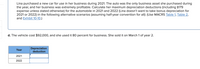 **Business Asset Depreciation Example**

Lina purchased a new car for use in her business during 2021. The car was the only business asset she acquired that year, and her business was extremely profitable. Calculate her maximum depreciation deductions (including §179 expense unless stated otherwise) for the automobile in 2021 and 2022. Lina doesn’t want to take bonus depreciation for 2021 or 2022 in the following scenarios (assuming half-year convention for all): (Use MACRS Table 1, Table 2, and Exhibit 10-10.)

**Scenario:**

d. The vehicle cost $92,000, and she used it 80 percent for business purposes. She sold it on March 1 of year 2.

**Depreciation Deduction Table:**

- Year: 2021
  - Depreciation Deduction: [Blank space]
- Year: 2022
  - Depreciation Deduction: [Blank space]

Note: The table indicates that there are amount placeholders for the depreciation deductions for each year, which need to be calculated using the MACRS tables and the specified conditions.