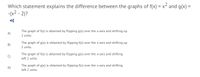 Which statement explains the difference between the graphs of f(x) = x² and g(x) =
-(x2 - 2)?
The graph of f(x) is obtained by flipping g(x) over the x-axis and shifting up
2 units.
A)
The graph of g(x) is obtained by flipping f(x) over the x-axis and shifting up
2 units.
B)
The graph of f(x) is obtained by flipping g(x) over the x-axis and shifting
left 2 units.
The graph of g(x) is obtained by flipping f(x) over the x-axis and shifting
D)
left 2 units.
