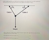 ### Understanding Equilibrium in Physics

#### Problem Description
A 400-N weight hangs from two cables attached to the ceiling, and the system is in static equilibrium. This means the sum of the force vectors acting on the weight is zero. [Note: The figure is not drawn to scale.]

#### Diagram Analysis
- **Cable 1**: Forms an angle \( \theta_1 \) with the ceiling.
- **Cable 2**: Forms an angle \( \theta_2 \) with the ceiling.
- The forces from both cables counteract the weight's downward force, maintaining equilibrium.

#### Angles:
- Cable 1 makes a \( 55^\circ \) angle with the ceiling.
- Cable 2 makes a \( 30^\circ \) angle with the ceiling.

#### Task:
Calculate the magnitude of the force in each cable.

#### Calculation:
- **Variables:**
  - Weight (downward force) = 400 N
  - Angle \( \theta_1 \) = 55°
  - Angle \( \theta_2 \) = 30°

The magnitudes of the forces are calculated based on the equilibrium condition:
- The vertical components of the tension in both cables together balance the weight.
- The horizontal components of the tension must be equal in magnitude but opposite in direction.

#### Solution:
1. **Force in Cable 1**:
   \[
   \text{Insert formula or solution steps here.}
   \]
   The magnitude of the force in Cable 1 is: \(\_\_\_\) N

2. **Force in Cable 2**:
   \[
   \text{Insert formula or solution steps here.}
   \]
   The magnitude of the force in Cable 2 is: \(\_\_\_\) N

This analysis demonstrates the application of vector components to solve equilibrium problems in physics.