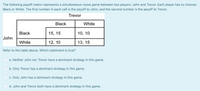 The following payoff matrix represents a simultaneous-move game between two players: John and Trevor. Each player has to choices:
Black or White. The first number in each cell is the payoff to John, and the second number is the payoff to Trevor.
Trevor
Black
White
Black
15, 15
10, 10
John
White
12, 10
13, 15
Refer to the table above. Which statement is true?
a. Neither John nor Trevor have a dominant strategy in this game.
b. Only Trevor has a dominant strategy in this game.
c. Only John has a dominant strategy in this game.
d. John and Trevor both have a dominant strategy in this game.
