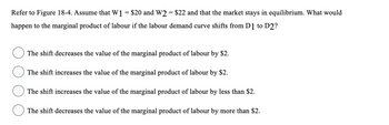 Refer to Figure 18-4. Assume that W1 = $20 and W2 = $22 and that the market stays in equilibrium. What would
happen to the marginal product of labour if the labour demand curve shifts from D1 to D2?
The shift decreases the value of the marginal product of labour by $2.
The shift increases the value of the marginal product of labour by $2.
The shift increases the value of the marginal product of labour by less than $2.
The shift decreases the value of the marginal product of labour by more than $2.