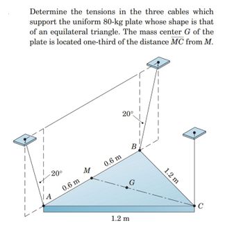 Determine the tensions in the three cables which
support the uniform 80-kg plate whose shape is that
of an equilateral triangle. The mass center G of the
plate is located one-third of the distance MC from M.
20°
| A
0.6 m
M
0.6 m
20°
B
G
1.2 m
1.2 m
C