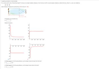 A graphing calculator is recommended.
For a camera with a lens of fixed focal length F to focus on an object located a distance x from the lens, the film must be placed a distance y behind the lens, where F, x, and y are related by
(See the figure.) Suppose the camera has a 35-mm lens (F = 35).
(a) Express y as a function of x.
y=
Graph the function.
y
250
200-
150-
100
50
-50
-100
-150
-200
200
x
400
600
800
1000
y
250
200-
150
100
50
400
1000
-50
-100-
-150-
-200
x
200
400
600
800
1000
200
800
0-250
(b) What happens to the focusing distance y as the object moves far away from the lens?
y-
mm
(c) What happens to the focusing distance y as the object moves close to the lens?
y→