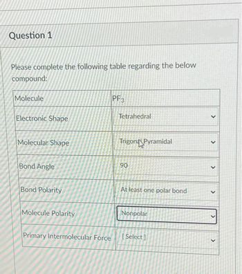 Question 1
Please complete the following table regarding the below
compound:
Molecule
Electronic Shape
Molecular Shape
Bond Angle
Bond Polarity
Molecule Polarity
PF3
Tetrahedral
Trigona Pyramidal
90
At least one polar bond
Nonpolar
Primary Intermolecular Force [Select]
>
>
>
>
>