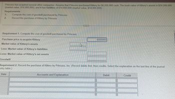 Princess has acquired several other companies. Assume that Princess purchased Kittery for $6,000,000 cash. The book value of Kittery's assets is $16,000,000
(market value, $18,000,000), and it has liabilities of $14,000,000 (market value, $14,000,000).
Requirements
1.
2.
Compute the cost of goodwill purchased by Princess.
Record the purchase of Kittery by Princess.
Requirement 1. Compute the cost of goodwill purchased by Princess.
Purchase price to acquire Kittery
Market value of Kittery's assets
Less: Market value of Kittery's liabilities
Less: Market value of Kittery's net assets
Goodwill
Date
4
Requirement 2. Record the purchase of Kittery by Princess, Inc. (Record debits first, then credits. Select the explanation on the last line of the journal
entry table.)
Accounts and Explanation
6000000
10
Debit
Credit