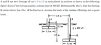 A and B are two footings of size 1.5 x 1.5 m each placed in position as shown in the following
figure. Each of the footings carries a column load of 400 kN. Determine the excess load that footing
B carries due to the effect of the load on A. Assume the loads at the centers of footings act as point
loads.
E 2.5 m
|A
B
10.5 m
Q = 400 kN
+ 1.5 m -
2.3 m
- 1.5 m
