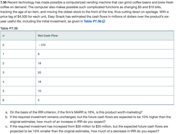## 7.36 Overview

Recent technology has led to the development of a computerized vending machine capable of grinding coffee beans and brewing fresh coffee on demand. This machine offers advanced functions, including the ability to handle $5 and $10 bill changes, track item age, and prioritize older stock to minimize spoilage. With a unit price of $4,500, Easy Snack has projected cash flows (in millions of dollars) over the machine’s six-year lifespan, outlined below in Table P7.36.

### Table P7.36: Cash Flow Projections

| n  | Net Cash Flow  |
|----|----------------|
| 0  | −$30           |
| 1  | 9              |
| 2  | 18             |
| 3  | 20             |
| 4  | 18             |
| 5  | 10             |
| 6  | 5              |

### Analysis Questions

a. Based on the IRR criterion, if the firm’s Minimum Attractive Rate of Return (MARR) is 18%, should the product be marketed?

b. If the required investment remains unchanged, but future cash flows increase by 10% from original estimates, what is the expected increase in IRR?

c. If the required investment rises from $30 million to $35 million, but projected cash flows decrease by 10% from original estimates, what is the expected decrease in IRR?