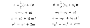 S =
1
(u + v)t
z
v = u + at
S
s = ut + 1/2 at ²
v² = u² + 2as
1
= 2 (W₁ + W₂)t
0 =
W2
W₂ = W₁ + at
0 = w₁t + ½ at²
W₂²= w₁² + 2a0
ω12 2αθ
2