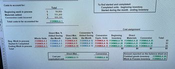 D
1
2
23
24
25
26
Costs to account for:
27
28
29
Beginning work in process
Materials added
Conversion costs incurred
Total costs to be accounted for
30
31
32
33
34
35
36
Beg. Work in process
Started & Completed
Ending Work in process
Total
$
$
$
Whole Units
FORMULA 2
FORMULA 3
FORMULA 3
Total
94,800
151,200
600,300
FORMULA 1
Direct Mat. %
Added During
the Month
FORMULA 5
FORMULA 6
FORMULA 7
Cost per
equivalent unit
Direct Mat.
Equiv. Units
FORMULA 8
FORMULA 9
FORMULA 10
Direct Mat.
FORMULA 11
Conversion%
Added During
the Month
FORMULA 12
FORMULA 13
FORMULA 14
To find started and completed:
Completed units beginning inventory
Started during the month - ending inventory
Cost assignment
Conversion
FORMULA 25
Direct
Materials
FORMULA 22
FORMULA 23 FORMULA 26
FORMULA 24 FORMULA 27
$0
$0
Conversion
Equiv. Units
Beginning
Inventory
FORMULA 15 FORMULA 19
FORMULA 16 FORMULA 20
FORMULA 17 FORMULA 21
$0
Conversion
FORMULA 18
Total
SO
$0
SO
$0
Amount reported on the balance sheet as:
Finished goods inventory
FORMULA 28
FORMULA 29
Work in Process inventory