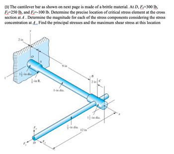 ### Problem Description

The cantilever bar illustrated is composed of a brittle material. Various forces are applied at specific points along the bar:

- At point \( D \):
  - \( F_x = 300 \) lb
  - \( F_y = 250 \) lb
  - \( F_z = 100 \) lb

The task is to determine the precise location of the critical stress element at the cross-section at point \( A \). The following needs to be determined:

1. The magnitude of each stress component considering the stress concentration at \( A \).
2. The principal stresses and the maximum shear stress at this location.

### Diagram Explanation

The diagram shows a cantilever bar fixed at the wall (left side) extending horizontally to the right. It comprises two cylindrical segments:

1. **Segment OA**: 
   - Diameter: \( \frac{1}{2} \) inch
   - Radius: \( \frac{1}{8} \) inch
   - Length: 9 inches from the fixed point \( O \) to point \( A \).

2. **Segment AB (extending to point C)**:
   - Diameter at B: 1 inch
   - Diameter at C: \( \frac{1}{2} \) inch
   - Diameter at connection (cross-section): \( \frac{3}{4} \) inch
   - Length from \( A \) to \( C \) (total of segments): 14 inches

**Points of Interest**:

- **Point O**: Fixed end of the bar on the wall.
- **Point A**: Critical cross-section location.
- **Point B and C**: Provide dimensional context for intermediate sections.
- **Point D**: Location where forces are applied (12 inches from \( C \)).

**Forces**:

- **\( F_x \)**: Acts horizontally along the x-axis.
- **\( F_y \)**: Acts vertically, downward initially.
- **\( F_z \)**: Acts perpendicularly outward from the page.

**Additional Dimensions**:

- Overall horizontal length of the cantilever bar is crucial for stress calculations.
- Various diameter transitions along the bar signify potential concentration points for stress.

For further detail-oriented study, focus on evaluating stress distribution using the provided measurements and applied forces to calculate stress elements accurately at the designated sections. This includes analyzing normal and shear stresses, utilizing appropriate equations for stress