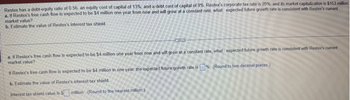 Restex has a debt-equity ratio of 0.56, an equity cost of capital of 13%, and a debt cost of capital of 9% Restex's corporate tax rate is 20%, and its market capitalization is $153 million
a. If Restex's free cash flow is expected to be $4 million one year from now and will grow at a constant rate, what expected future growth rate is consistent with Restex's current
market value?
b. Estimate the value of Restex's interest tax shield.
a. If Restex's free cash flow is expected to be $4 million one year from now and will grow at a constant rate, what expected future growth rate is consistent with Restex's current
market value?
If Restex's free cash flow is expected to be $4 million in one year the expected future growth rate is
b. Estimate the value of Restex's interest tax shield.
% (Round to two decimal places.)
Interest tax shield value is S
million (Round to the nearest million)