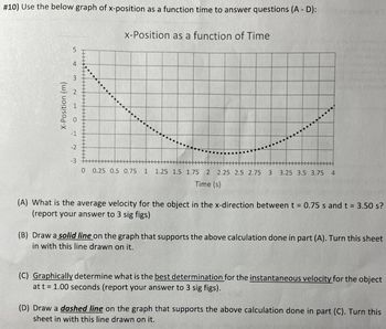 #10) Use the below graph of x-position as a function time to answer questions (A - D):
X-Position (m)
5
4
3
-1
-2
-3
x-Position as a function of Time
0 0.25 0.5 0.75 1 1.25 1.5 1.75 2 2.25 2.5 2.75 3 3.25 3.5 3.75 4
Time (s)
(A) What is the average velocity for the object in the x-direction between t = 0.75 s and t = 3.50 s?
(report your answer to 3 sig figs)
(B) Draw a solid line on the graph that supports the above calculation done in part (A). Turn this sheet
in with this line drawn on it.
(C) Graphically determine what is the best determination for the instantaneous velocity for the object
at t = 1.00 seconds (report your answer to 3 sig figs).
(D) Draw a dashed line on the graph that supports the above calculation done in part (C). Turn this
sheet in with this line drawn on it.