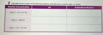 2 Calculate the pH of each of the following solutions, and label each as acidic, basic, or neutral.
Solution Concentration
[H0] 1.0 x 109 M
PH
Acidic/Basic/Neutral
[H,O]=0.001 M
[H,O] 3.7 x 10-6 M
=>