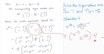 Now,
e
At
2₁ = -19
The coresponding eigen vectors are,
+1 (1)
22-
₂² (1)
Hence, the matrix exponential should be:
et
1) (( ²² e+)(
et
(1
Cette
。
6
22
the
L
e-t
et - 16e-t
-et-ge-t.
2
5/
(C)
(1
4
- e² + 4e-t
et tet
-1
Since the eigen values are
1₁= -1 and 1₂ = -2
shouldn't
e At = VOV¹
v@v-
3 (= + (-26) ?