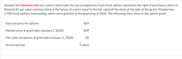 Assume that Amazon.com has a stock-option plan for top management. Each stock option represents the right to purchase a share of
Amazon $1 par value common stock in the future at a price equal to the fair value of the stock at the date of the grant. Amazon has
5,700 stock options outstanding, which were granted at the beginning of 2020. The following data relate to the option grant.
Exercise price for options
$39
Market price at grant date (January 1, 2020)
$39
Fair value of options at grant date (January 1, 2020)
$6
Service period
5 years
