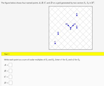 The figure below shows four named points A, B, C, and D on a grid generated by two vectors V₁, V2 in R².
Part 1
A
=
B =
C =
C
D=
B
Write each point as a sum of scalar multiples of 7₁ and 72. Enter v1 for ₁ and v2 for v2.
V2
O
A
D