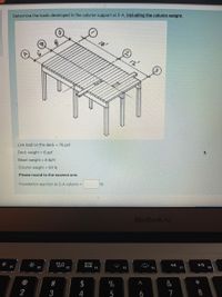 Determine the loads developed in the column support at 2-A, including the column weight.
16'
12'
Live load on the deck = 75 psf
Deck weight = 6 psf
Beam weight = 8 lb/ft
Column weight = 90 lb
Please round to the nearest one.
lb
Foundation reaction at 2-A column =
MacBook Air
O00
ロロロ
F4
F8
吕口
F3
F5
F6
F7
FI
$
%
&
*
8
2
3
6
