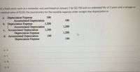 If a fixed asset, such as a computer, was purchased on January 1 for $3,750 with an estimated life of 3 years and a salvage or
residual value of $150, the journal entry for the monthly expense under straight-line depreciation is
a. Depreciation Expense
100
Accumulated Depreciation
1,200
Accumulated Depreciation
1,200
100
b. Depreciation Expense
1,200
c. Accumulated Depreciation
Depreciation Expense
d. Accumulated Depreciation
Depreciation Expense
1,200
100
100
O D
O A
