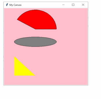 The image titled "My Canvas" displays a simple graphic containing three distinct shapes on a light pink background.

1. **Red Half-Circle/Semicircle**: Positioned at the top of the canvas, this shape is a red semicircle. It exhibits a straight edge at the bottom and a rounded edge at the top, illustrating half of a full circle.

2. **Gray Ellipse**: Located beneath the semicircle, this shape is a gray ellipse. It has a horizontal orientation, and its shape demonstrates an elongated circle, wider than it is tall.

3. **Yellow Right Triangle**: Situated in the bottom left corner, this shape is a yellow right triangle. It features three sides with one right angle, highlighting the geometric property of having one angle at 90 degrees.

Together, these shapes serve as basic examples of geometric figures, showcasing primary forms and colors.