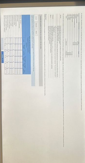 On January 1, the partners of Mori, Lux, and Khan (who share profits and losses in the ratio of 5:3:2, respectively) decide to terminate operations and liquidate their partnership. The trial balance at this date follows:
Cash
General Journal
Accounts receivable)
Credit
Inventory
Machinery and equipment, net
Mori, loan
Accounts payable
Lux, loan
Mori, capital
Lux, capital
Khan, capital
Totals
Debit
$ 24,000
78,000
64,000
227,000
42,000
$77,000
32,000
124,000
96,000
80.000
$400,000
$409,000
The partners plan a program of piecemeal conversion of the partnership's assets to minimize liquidation losses. All available cash, less an amount retained to provide for future expenses, is to be distributed to the partners at the end of each month. A summary of the liquidation transactions follows:
January
Collected $57,000 of the accounts receivable; the balance is deemed uncollectible
February
March
Received $44,000 for the entire inventory
Paid $8,000 in liquidation expenses.
Paid $66,000 to the outside creditore after offsetting a $9,000 credit memorandum received by the partnership on January
11.
Retained $16,000 cash in the business at the end of January to cover liquidation expenses. The remainder is distributed to
the partners.
Paid $9,000 in liquidation expenses
Retained $4,000 cash in the business at the end of the month to cover additional liquidation expenses
Received $152,000 on the sale of at machinery and equipment
Paid $11,000 in final liquidation expenses
Retained no cash in the business.
Required:
Prepare proposed schedules of liquidation on January 31, February 28, and March 31 to determine the safe payments made to the partners at the end of each of these three months.
Complete this question by entering your answers in the tabs below.
January
February
March
Prepare proposed schedule of liquidation to determine the safe payments made to the partners at the end of January,
Note: Amounts to be deducted should be entered with a minus sign
MORI, LUX, AND KHAN PARTNERSHIP
Proposed Schedule of Liquidation.
January 311
Balances January 1
Collected accounts receivable
Sold inventory
Paid liquidation expenses
Paid accounts payable
Subtotal (actual balances)
Maximum loss on assets
Maximum liquidation expenses
Subtotal (potential balances)
Allocation of deficit capital balance
Safe payments to partners - January 31
$
Noncash
Assets
Liabilities
Mort, Capital Lux, Capital
and Loan
Khan,
and Loan
50%
30%
Capital 20%
0
0
0
0
0
0
S
0
0
0
0
0
$.
0
$
0 $
0 $
February >