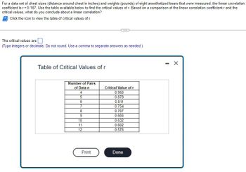 For a data set of chest sizes (distance around chest in inches) and weights (pounds) of eight anesthetized bears that were measured, the linear correlation
coefficient is r = 0.187. Use the table available below to find the critical values of r. Based on a comparison of the linear correlation coefficient r and the
critical values, what do you conclude about a linear correlation?
Click the icon to view the table of critical values of r.
The critical values are
(Type integers or decimals. Do not round. Use a comma to separate answers as needed.)
Table of Critical Values of r
Number of Pairs
of Data n
4
5
6
7
8
9
10
11
12
Print
Critical Value of r
0.950
0.878
0.811
0.754
0.707
0.666
0.632
0.602
0.576
Done
-
X