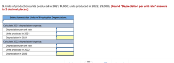 3. Units of production (units produced in 2021, 14,000; units produced in 2022, 29,000). (Round "Depreciation per unit rate" answers
to 2 decimal places.)
Select formula for Units of Production Depreciation:
Calculate 2021 depreciation expense:
Depreciation per unit rate
Units produced in 2021
Depreciation in 2021
Calculate 2022 depreciation expense:
Depreciation per unit rate
Units produced in 2022
Depreciation in 2022
S
-