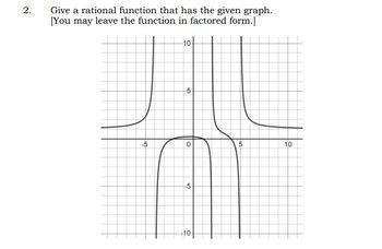 2.
Give a rational function that has the given graph.
[You may leave the function in factored form.]
-5
10-
5-
0
-5
-10+
-50
10