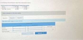 A company's two divisions report the information below.
Electronics
$ 95,000
Sporting Goods
$ 55,000
Sales
Income
Average assets
7,980
38,000
Enter answers in the tabs below.
Required 1 Required 2 Required 3
Calculate profit margin for each division.
Division
Electronics
Sporting Goods
Numerator:
6,050
27,500
Profit margin
18
1
"
1
Denominator:
M
Required 2 >
Profit margin