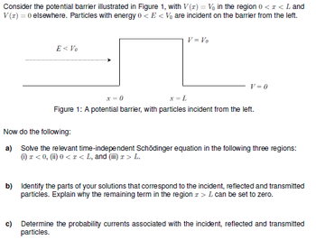 Consider the potential barrier illustrated in Figure 1, with V(x) = V₁ in the region 0 < x < L and
V(T) = 0 elsewhere. Particles with energy 0 < E<V₁ are incident on the barrier from the left.
E< Vo
V = Vo
V = 0
x = 0
x=L
Figure 1: A potential barrier, with particles incident from the left.
Now do the following:
a) Solve the relevant time-independent Schödinger equation in the following three regions:
(i) r < 0, (ii) 0 < r < L, and (iii) 2 > L.
b) Identify the parts of your solutions that correspond to the incident, reflected and transmitted
particles. Explain why the remaining term in the region > L can be set to zero.
c) Determine the probability currents associated with the incident, reflected and transmitted
particles.