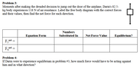 Problem 3:
Moments after making the dreaded decision to jump out the door of the airplane, Darin's 82.5-
kg body experiences 118 N of air resistance. Label the free body diagram with the correct forces
and their values, then find the net force for each direction.
Numbers
Equation Form
Substituted In
Net Force Value
Equilibrium?
Fy
net =
F,net =
Problem 4:
If Darin were to experience equilibrium in problem #3, how much force would have to be acting against
him and in what direction?
