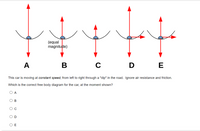 (equal
magnitude)
A
В
D
E
This car is moving at constant speed, from left to right through a "dip" in the road. Ignore air resistance and friction.
Which is the correct free body diagram for the car, at the moment shown?
O A
В
O E
